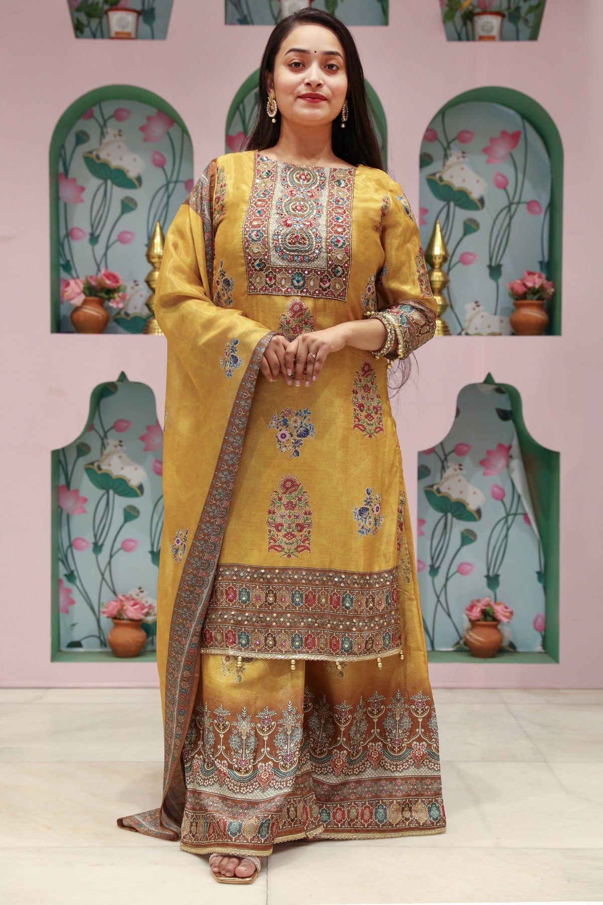 Mustard Crepe Ethnic Printed and Embroidered Straight Fit Kurta with Palazzo Pants