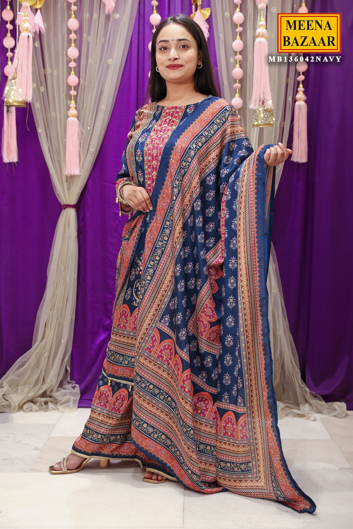 Navy Ethnic Printed & Cut-Dana Embroidered Straight Fit Crepe Suit Set