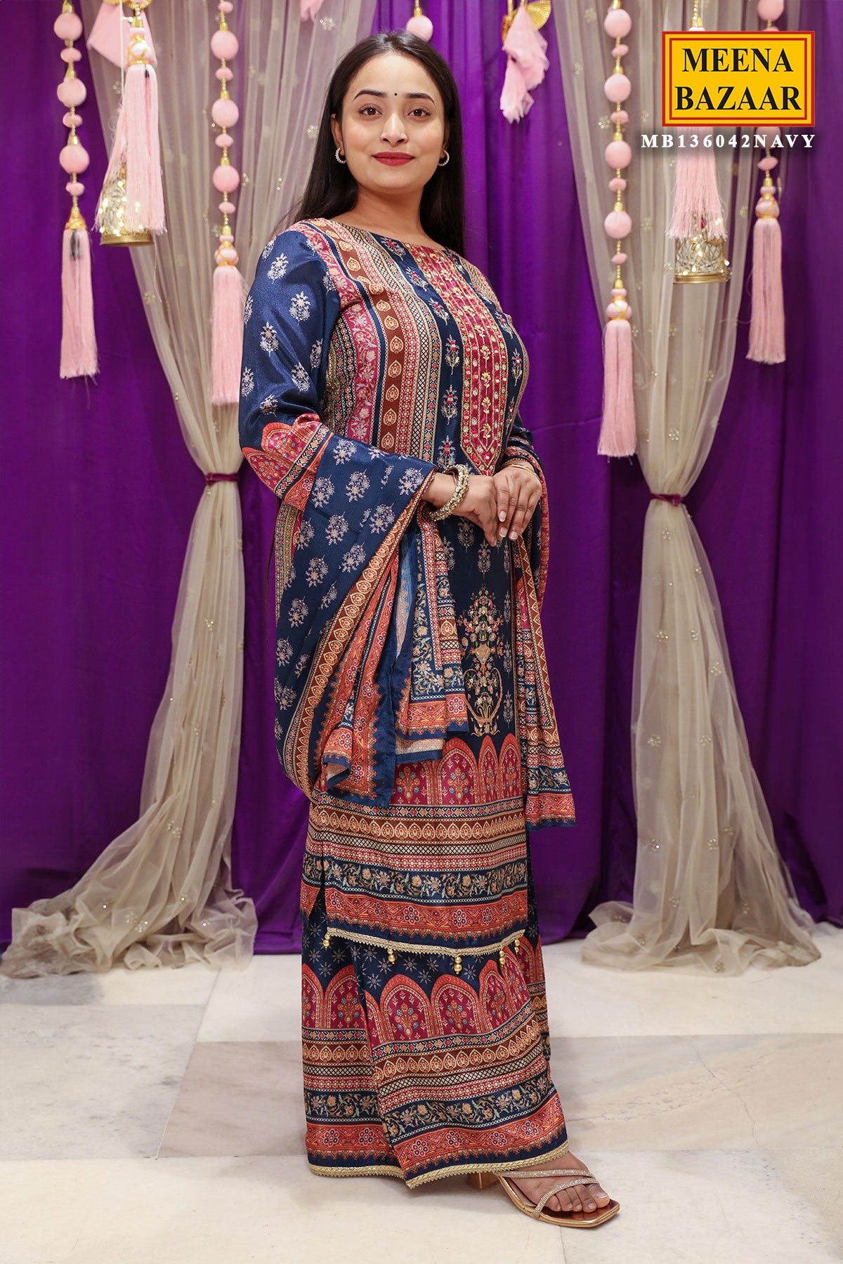 Navy Ethnic Printed & Cut-Dana Embroidered Straight Fit Crepe Suit Set