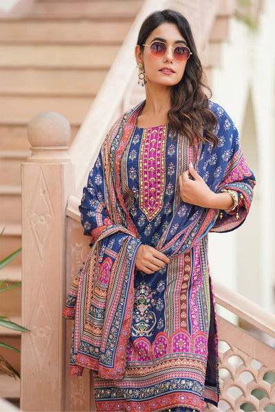 Navy Ethnic Printed & Cut-Dana Embroidered Straight Fit Crepe Suit Set