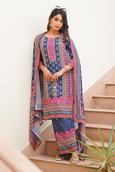 Navy Ethnic Printed & Cut-Dana Embroidered Straight Fit Crepe Suit Set