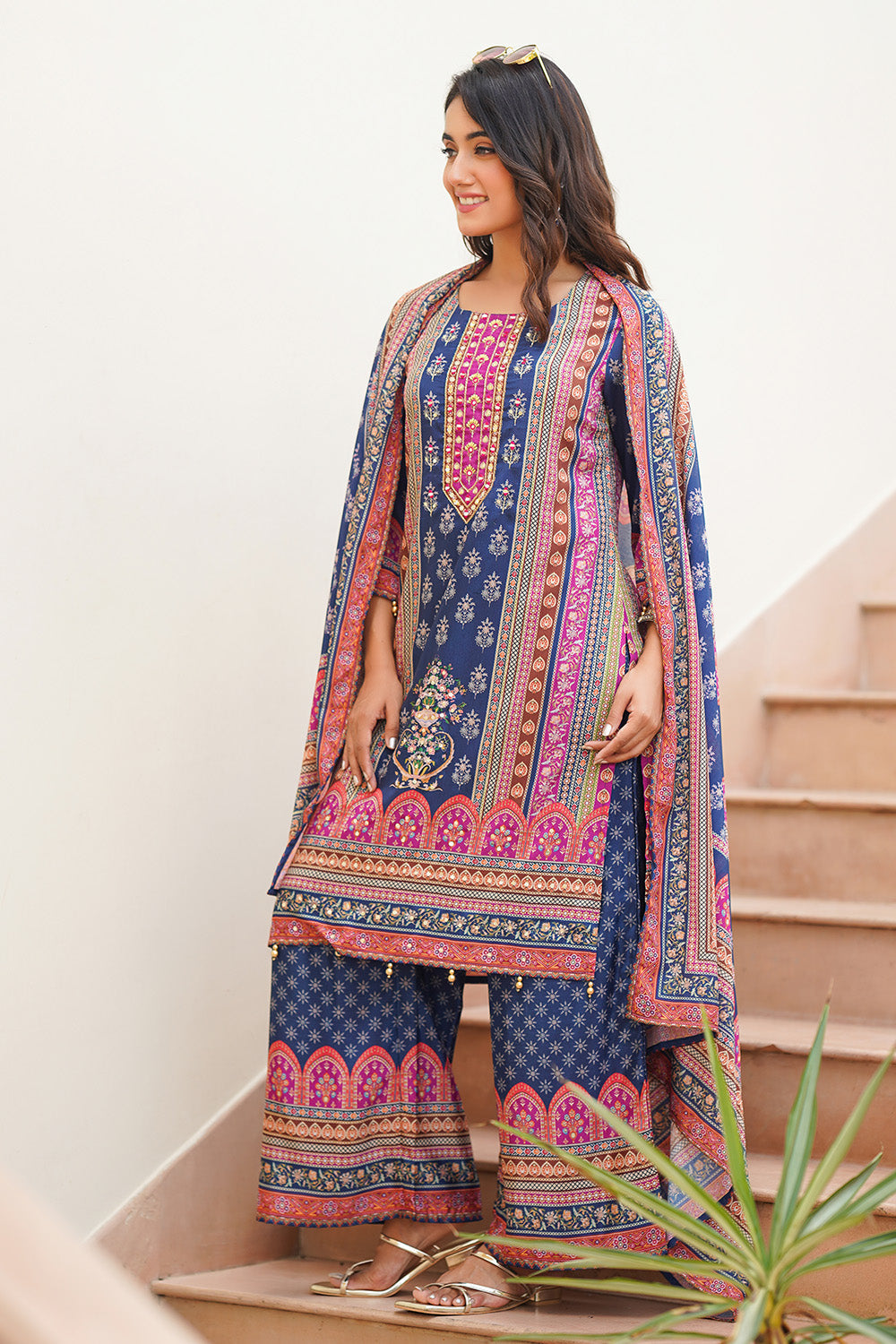 Navy Ethnic Printed & Cut-Dana Embroidered Straight Fit Crepe Suit Set