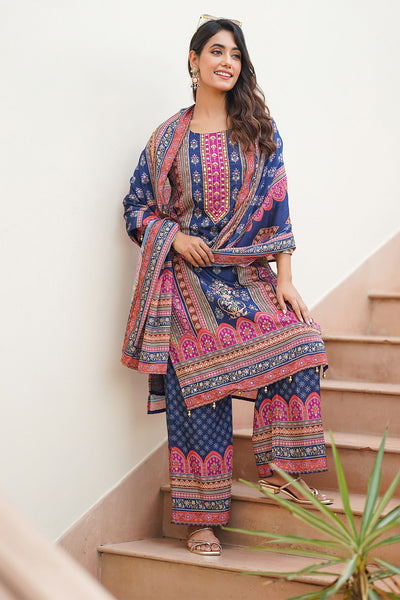 Navy Ethnic Printed & Cut-Dana Embroidered Straight Fit Crepe Suit Set