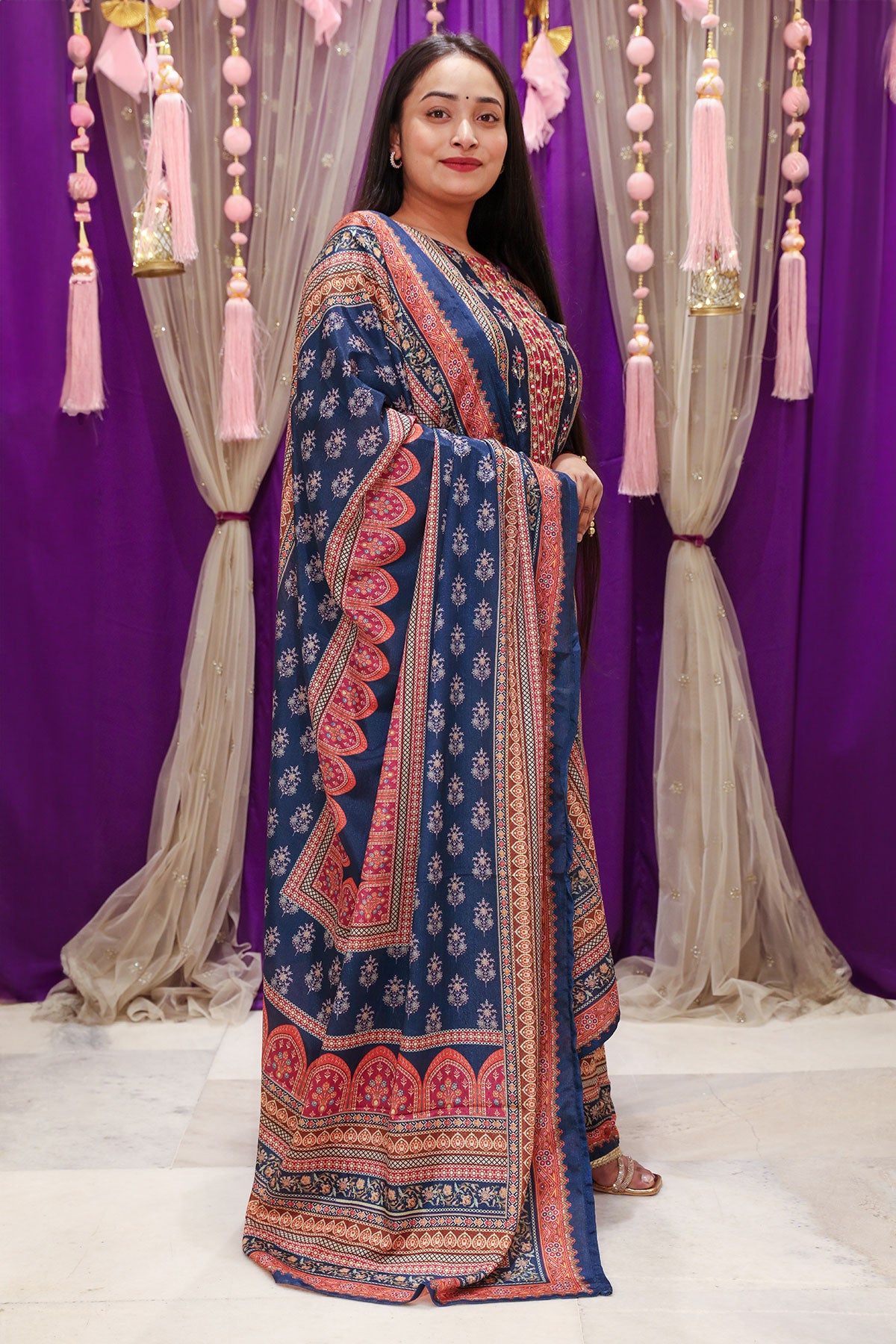 Navy Ethnic Printed & Cut-Dana Embroidered Straight Fit Crepe Suit Set