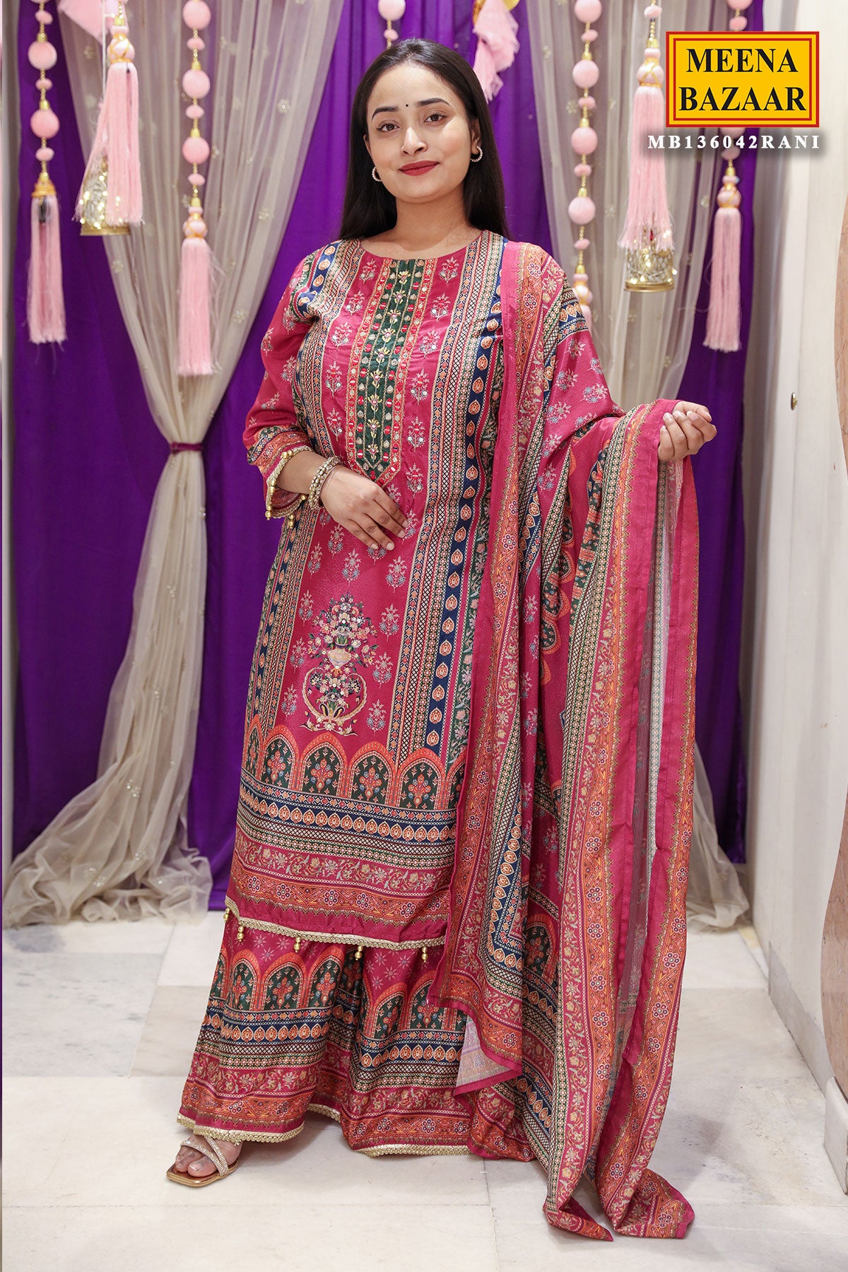 Rani Ethnic Printed & Cut-Dana Embroidered Straight Fit Crepe Suit Set