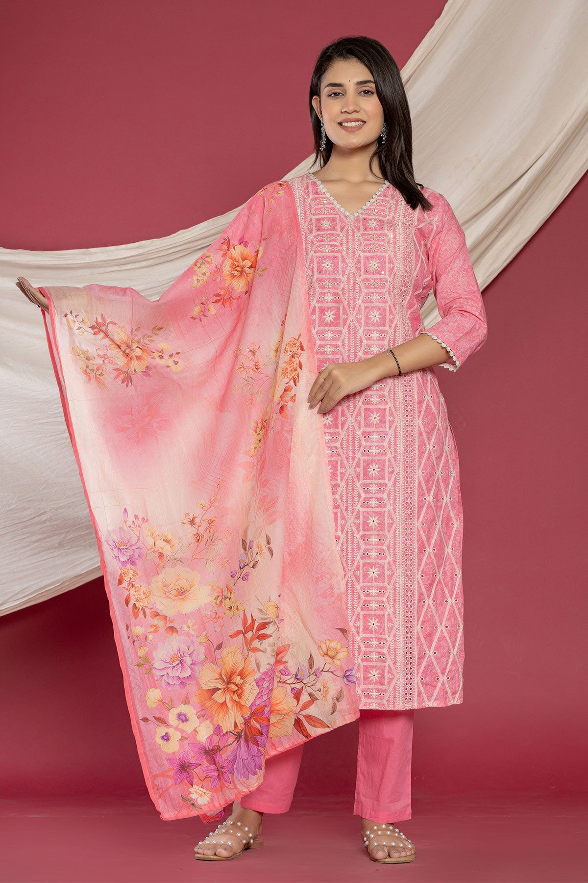 Pink Cotton Cut-dana and Sequins Neck Embroidered Suit Set