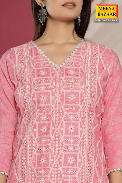 Pink Cotton Cut-dana and Sequins Neck Embroidered Suit Set