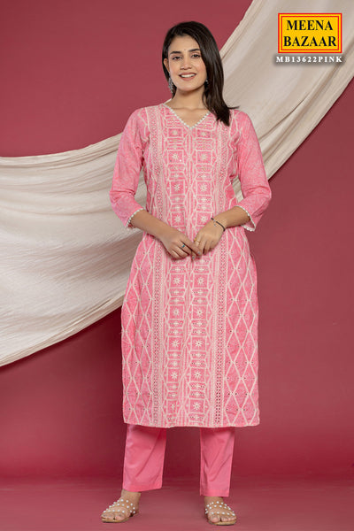 Pink Cotton Cut-dana and Sequins Neck Embroidered Suit Set