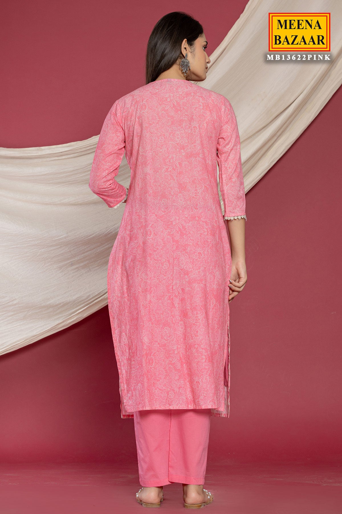 Pink Cotton Cut-dana and Sequins Neck Embroidered Suit Set