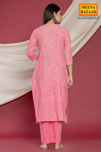 Pink Cotton Cut-dana and Sequins Neck Embroidered Suit Set