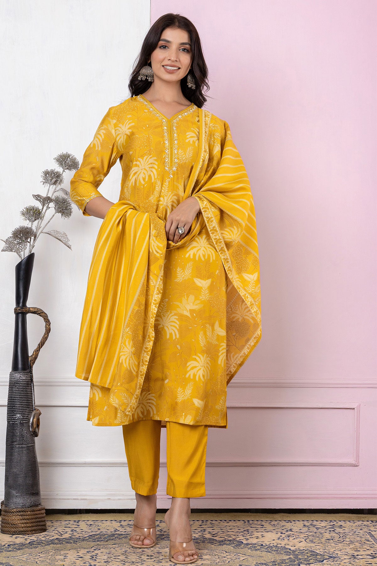 Mustard Muslin Neck Embroidered Floral Printed Suit Set