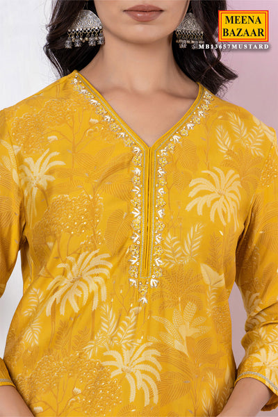 Mustard Muslin Neck Embroidered Floral Printed Suit Set