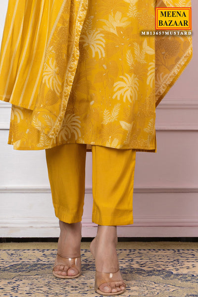 Mustard Muslin Neck Embroidered Floral Printed Suit Set