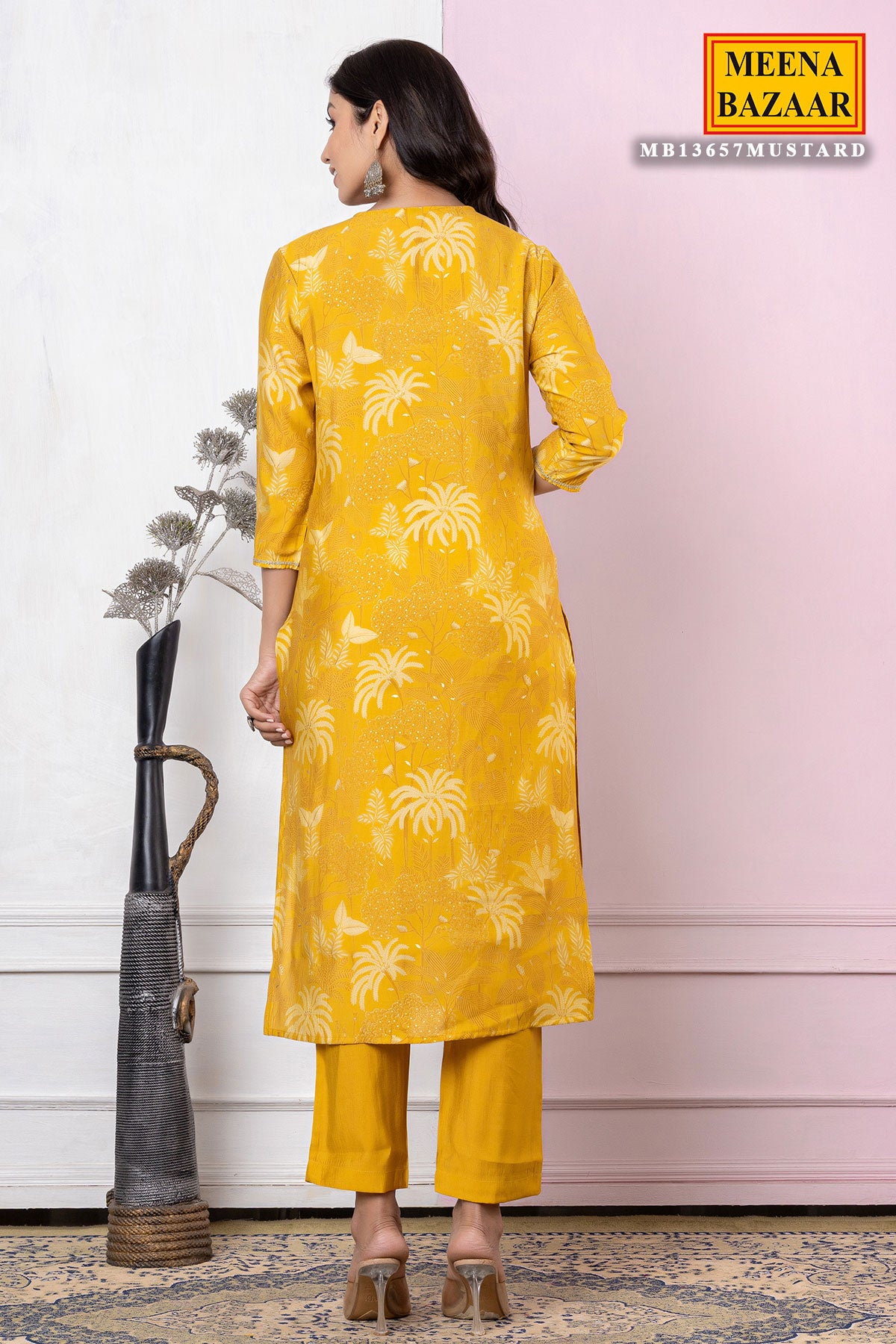 Mustard Muslin Neck Embroidered Floral Printed Suit Set