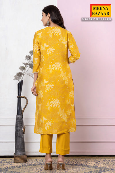 Mustard Muslin Neck Embroidered Floral Printed Suit Set