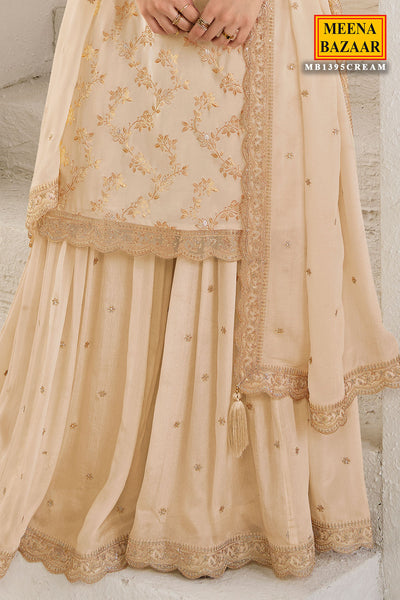 Cream Chinon Jacquard Weave Embroidered Sharara Suit
