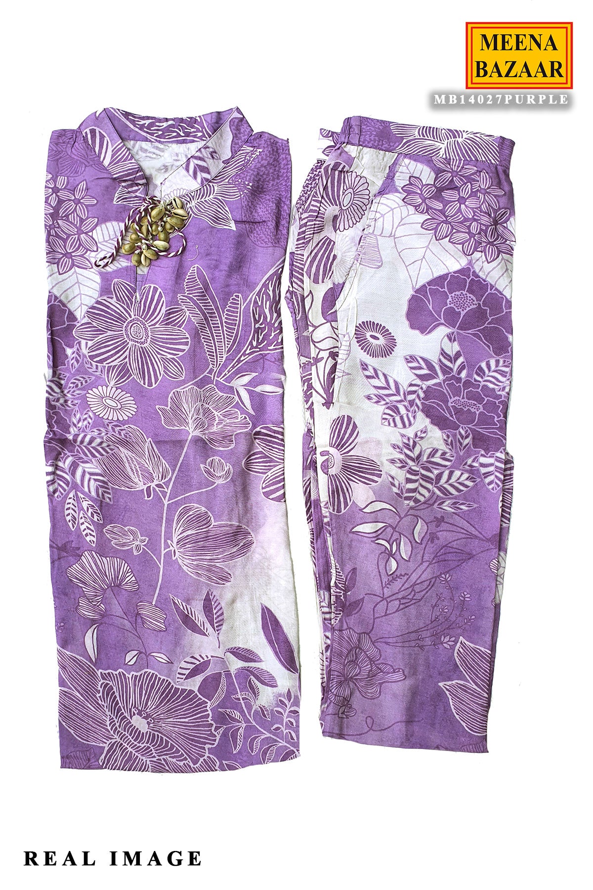 Purple Muslin Floral Printed Kurti and Pant Co-ord Set