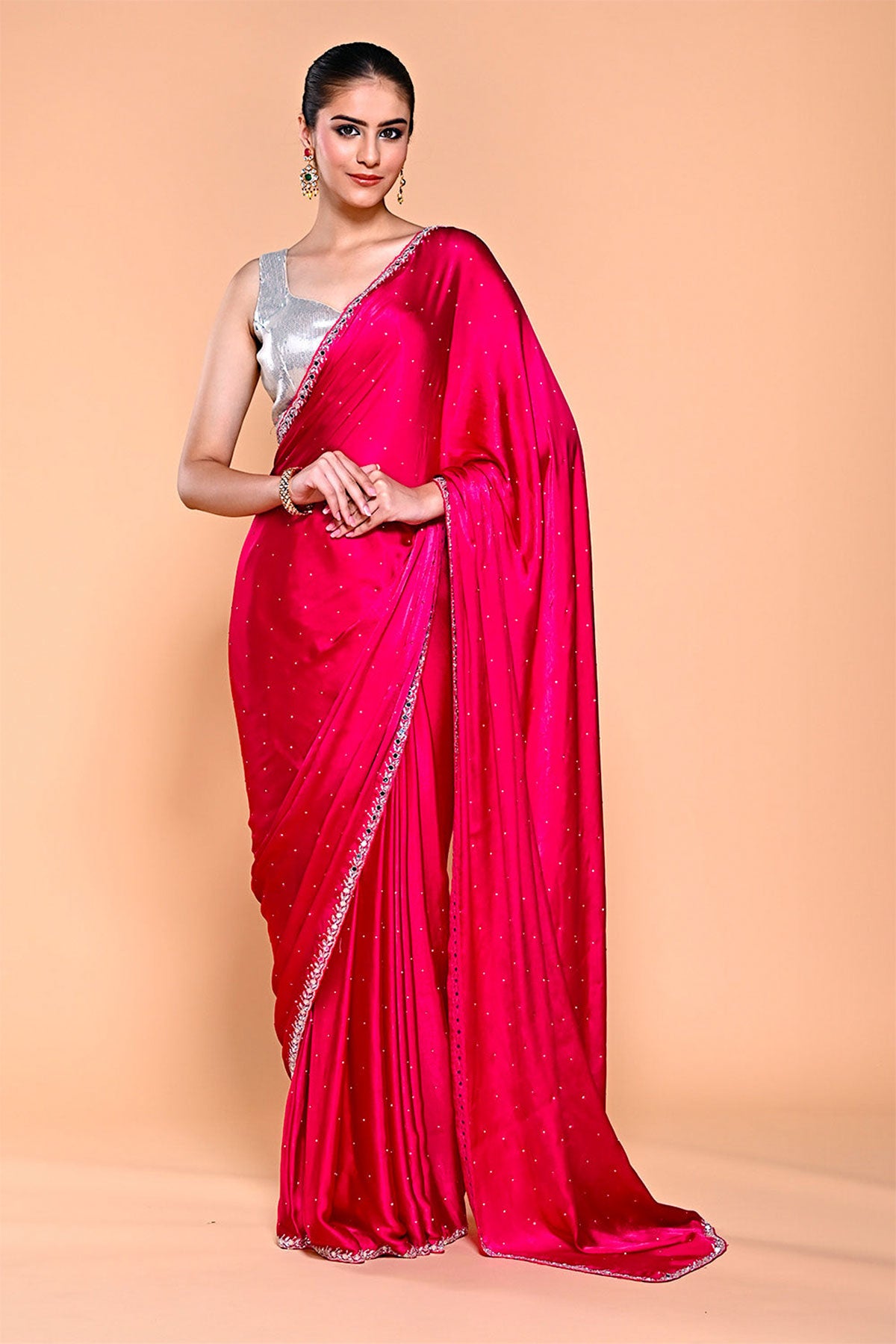 Fuchsia Pink Swarovski Embellished Satin Saree