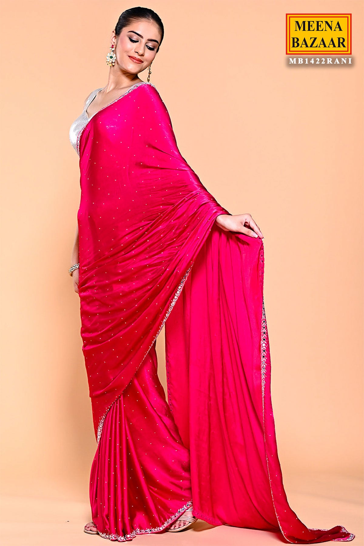 Fuchsia Pink Swarovski Embellished Satin Saree