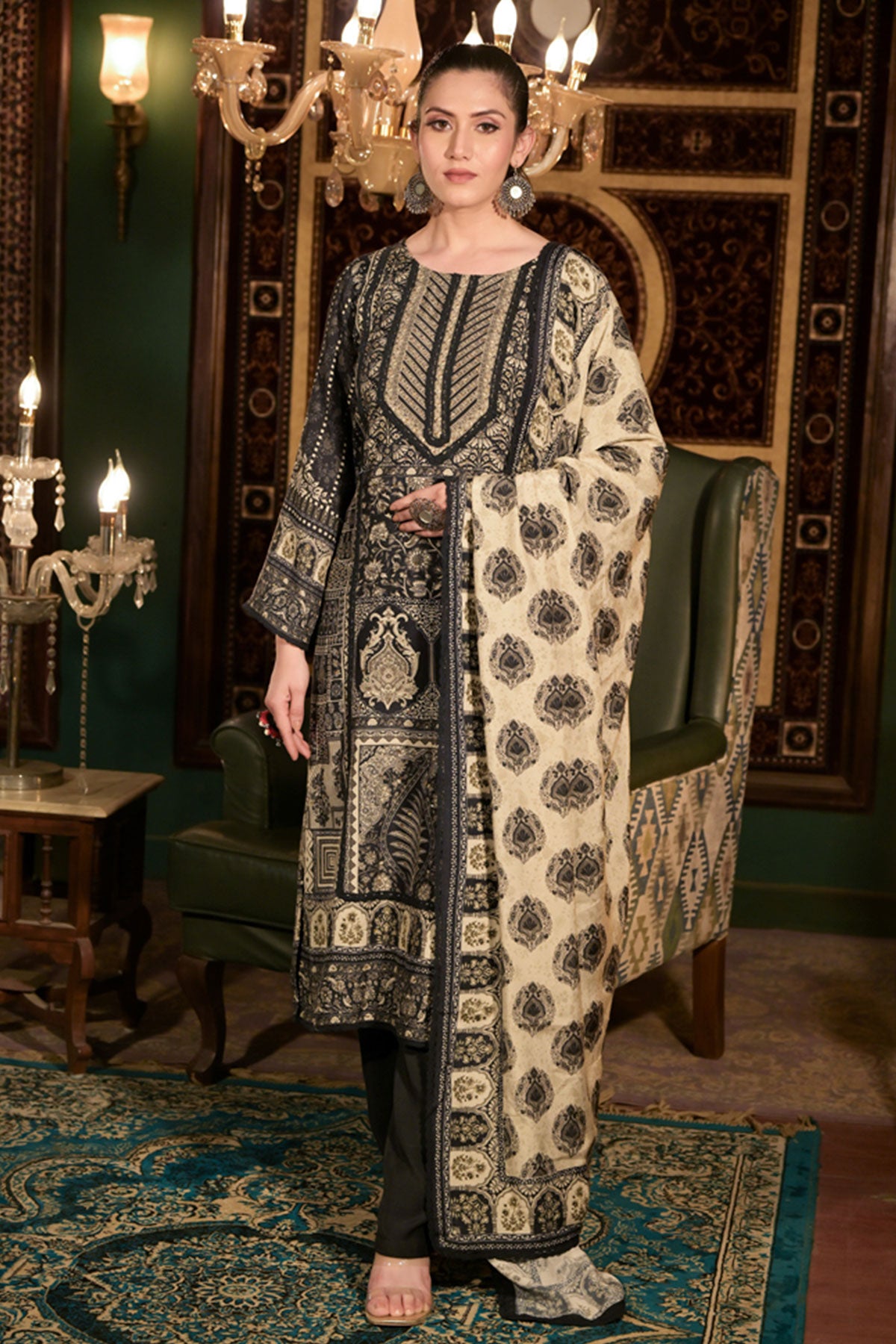 Black Glace Cotton Swarovski Work Printed Suit Set