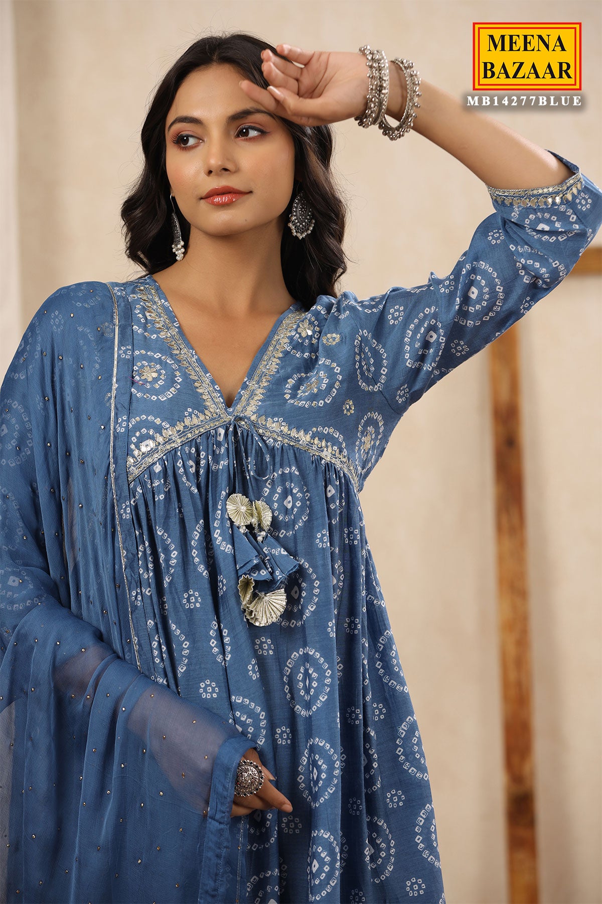 Blue Printed Gharara Suit With Gota Patti