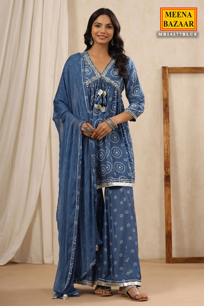 Blue Printed Gharara Suit With Gota Patti