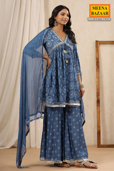 Blue Printed Gharara Suit With Gota Patti