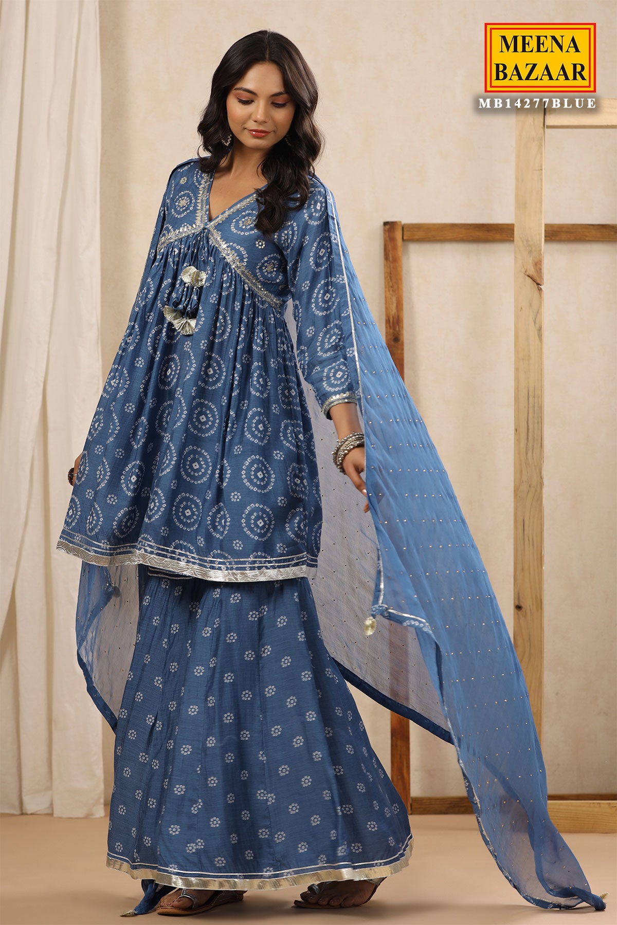 Blue Printed Gharara Suit With Gota Patti