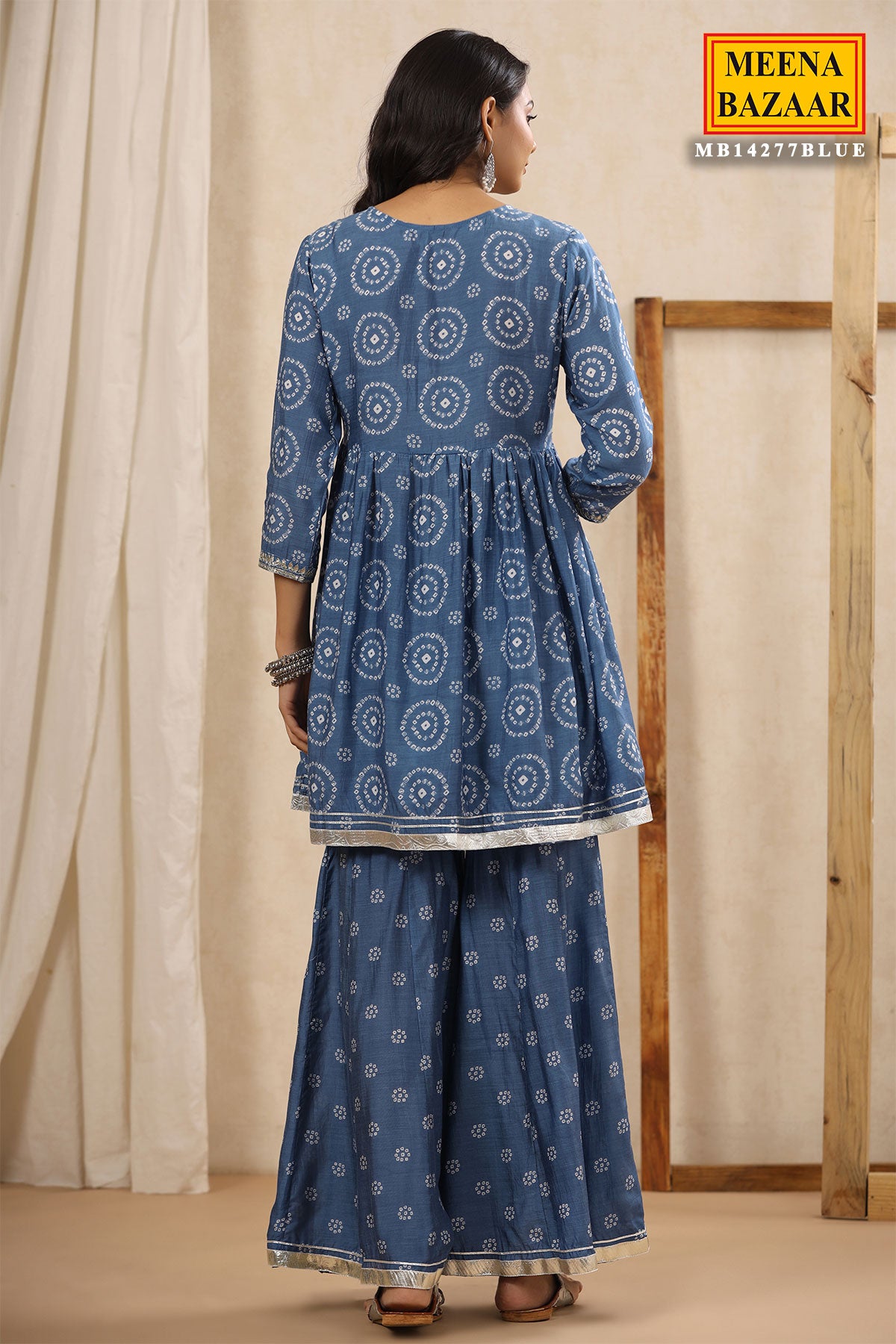 Blue Printed Gharara Suit With Gota Patti