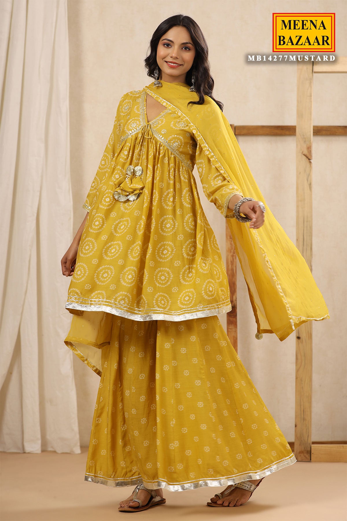 Mustard Printed Gharara Suit With Gota Patti