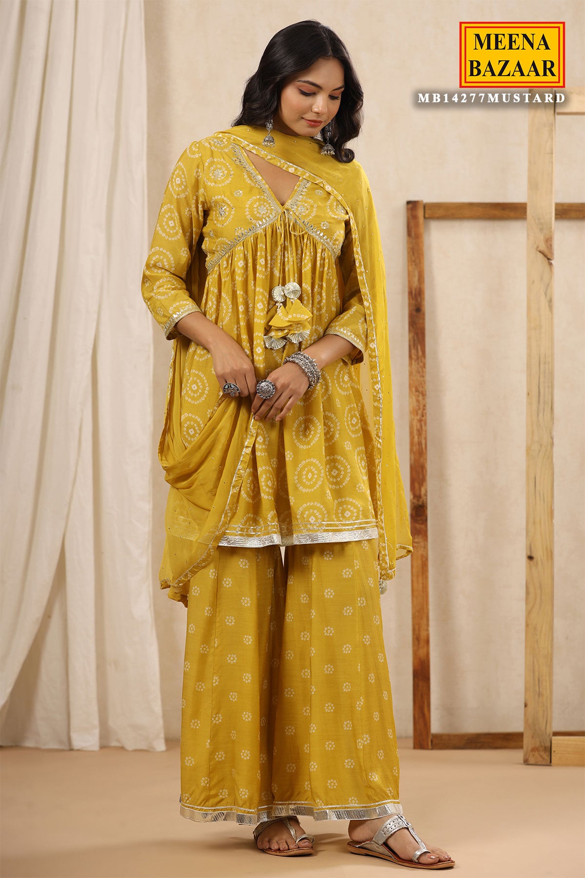 Mustard Printed Gharara Suit With Gota Patti