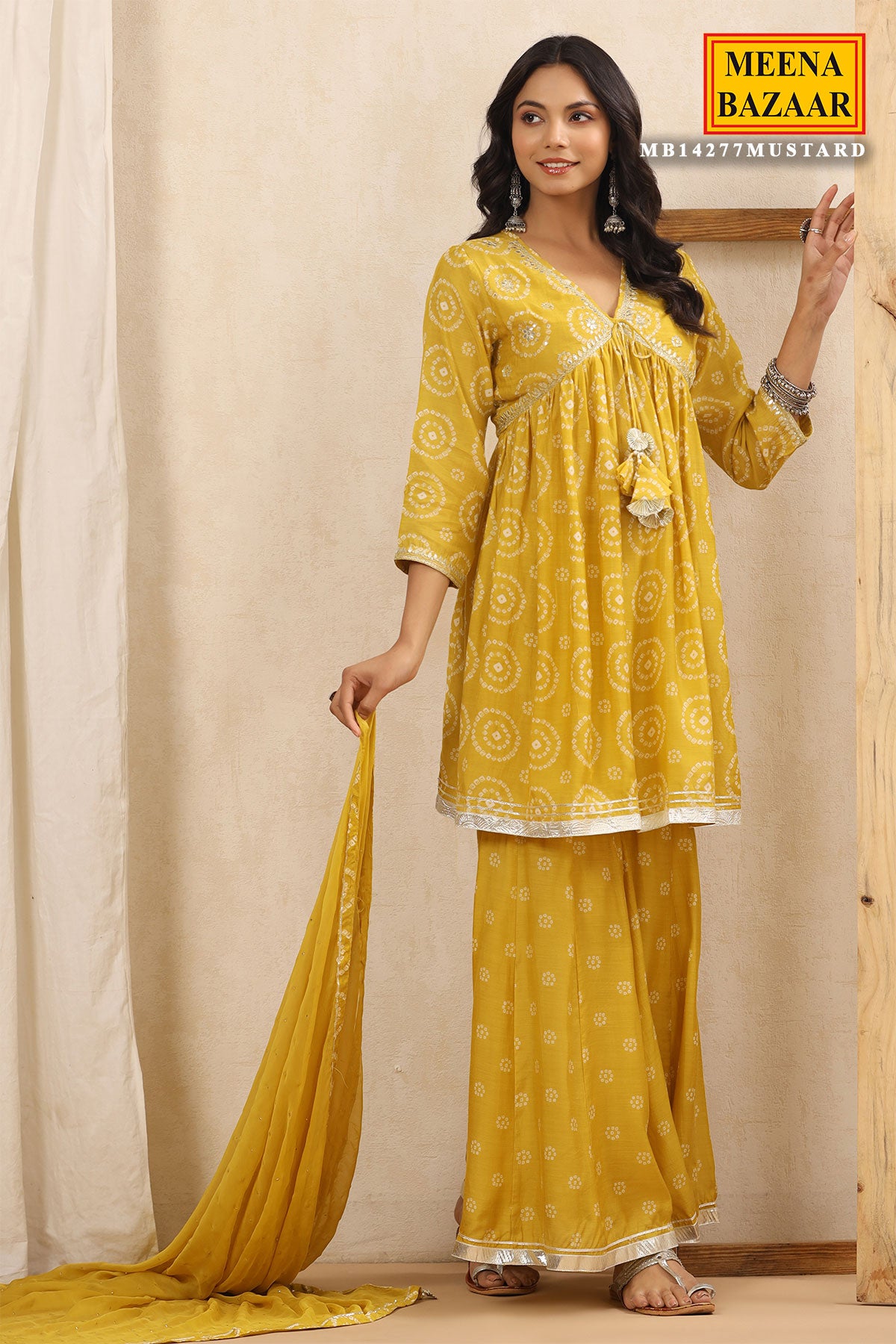 Mustard Printed Gharara Suit With Gota Patti