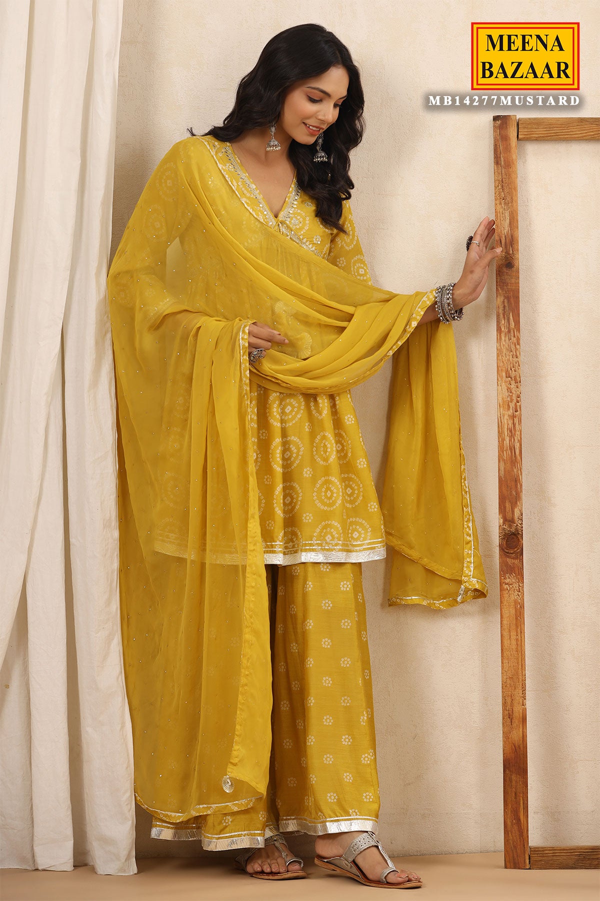 Mustard Printed Gharara Suit With Gota Patti