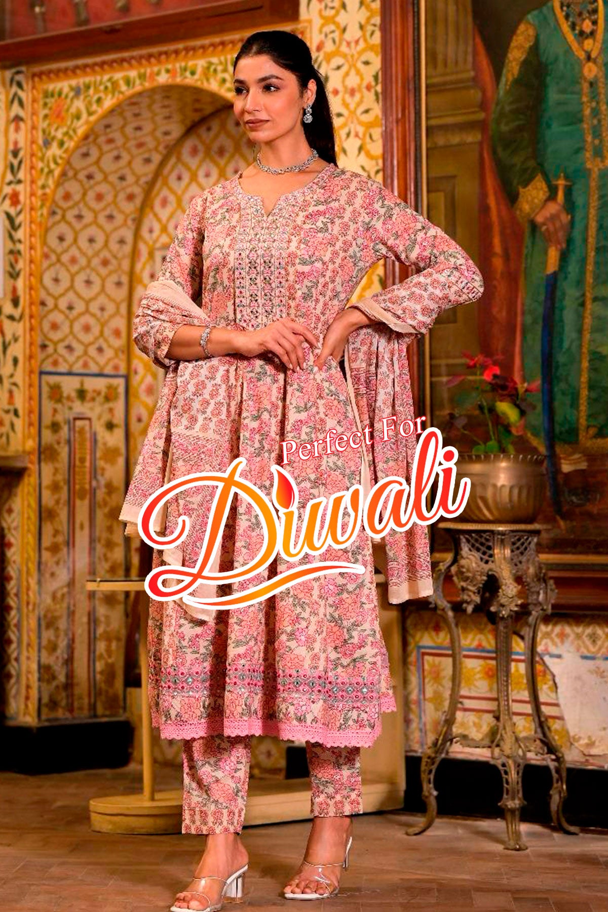 Pink Cotton Printed Anarkali Style Suit Set