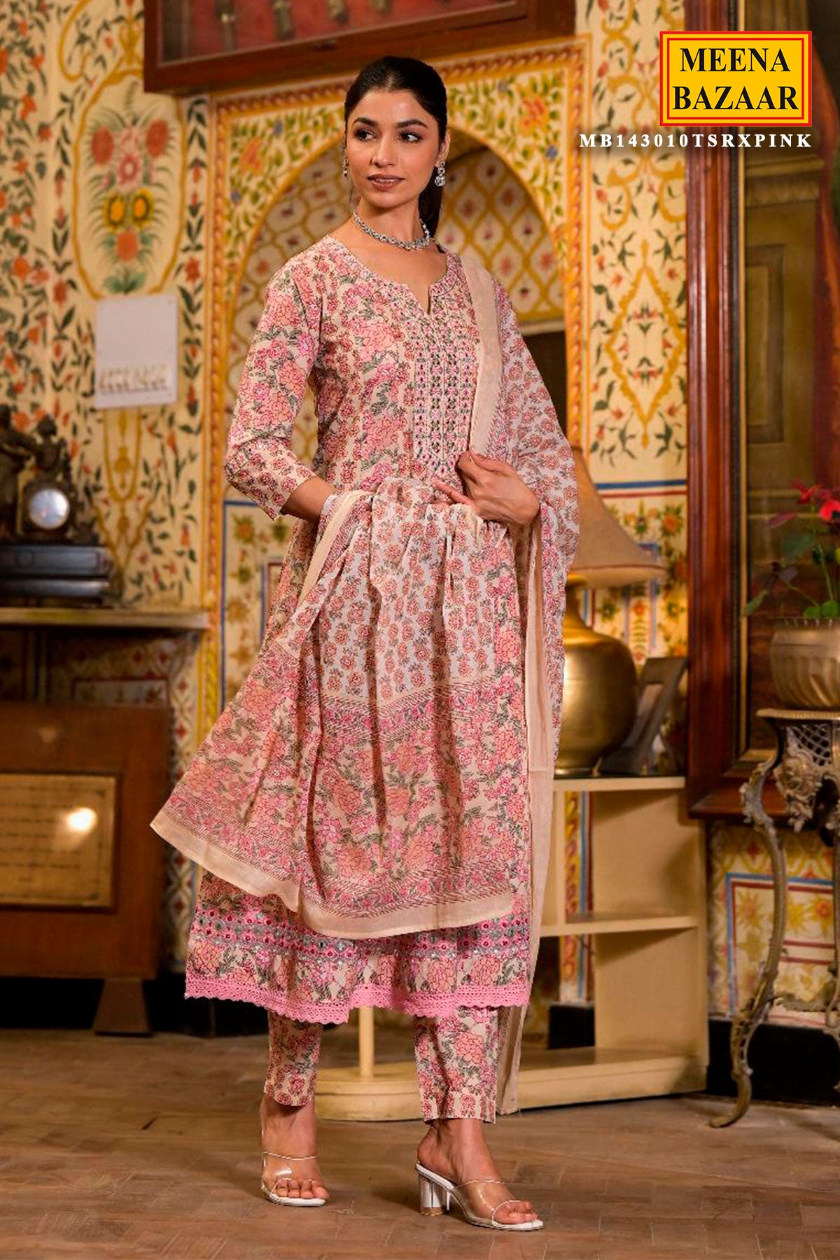 Pink Cotton Printed Anarkali Style Suit Set