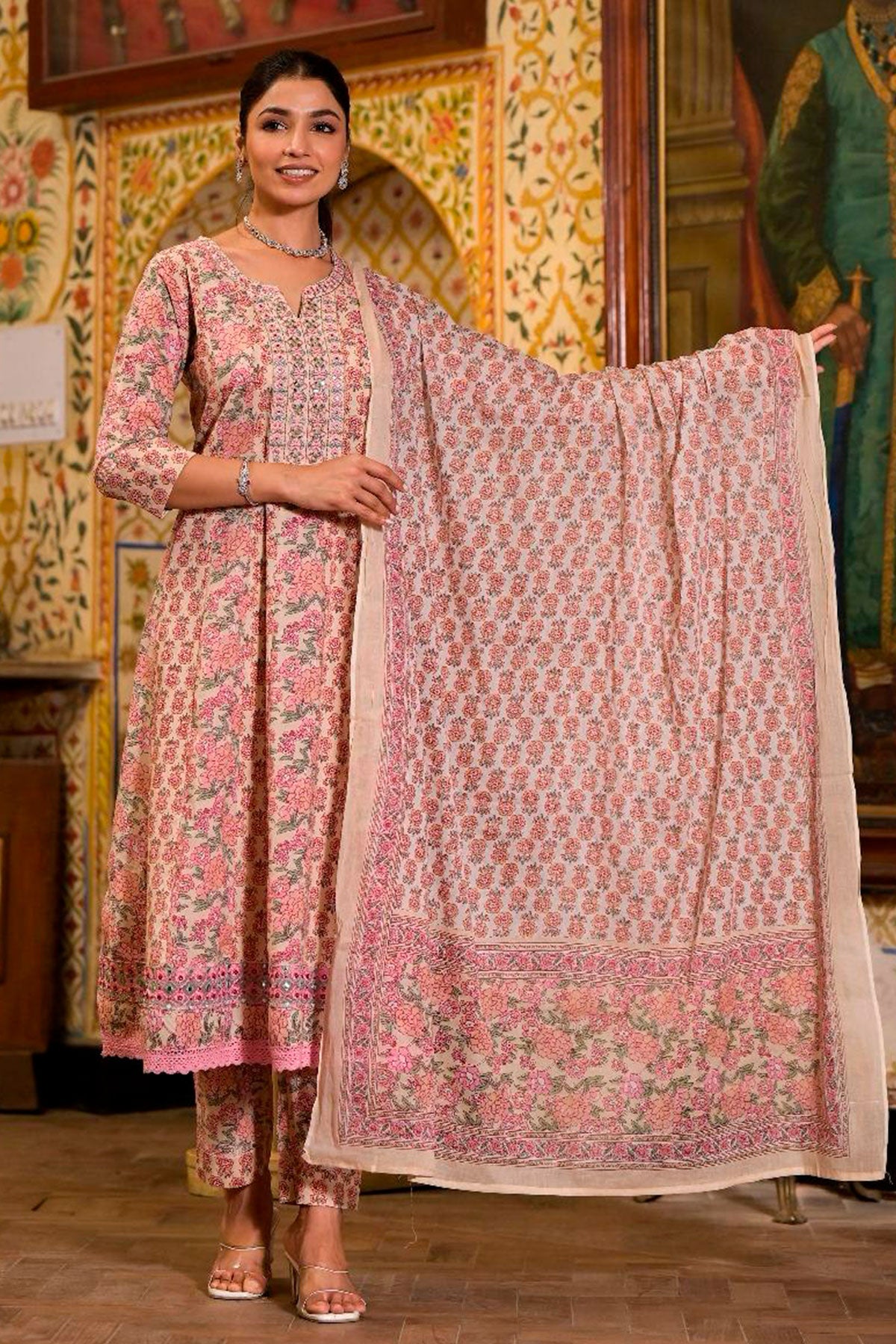 Pink Cotton Printed Anarkali Style Suit Set