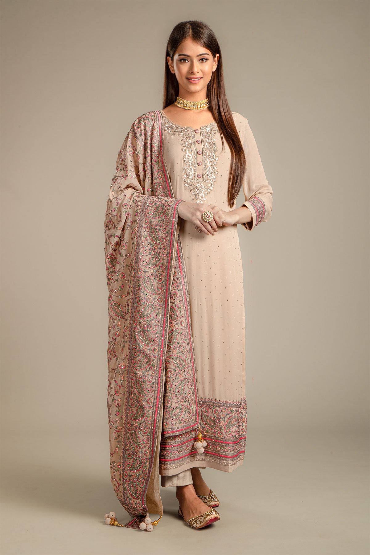 Tussar Georgette Suit with Embroidered Neck