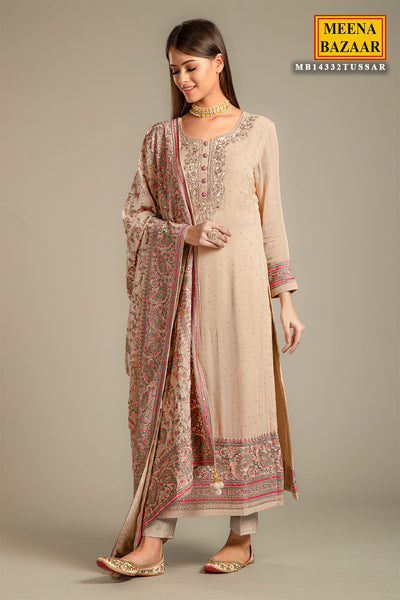Tussar Georgette Suit with Embroidered Neck