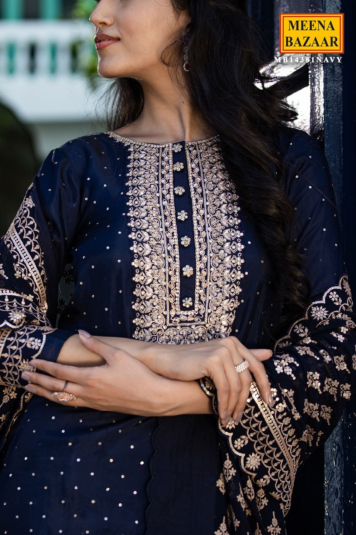 Navy Silk Embroidered Suit