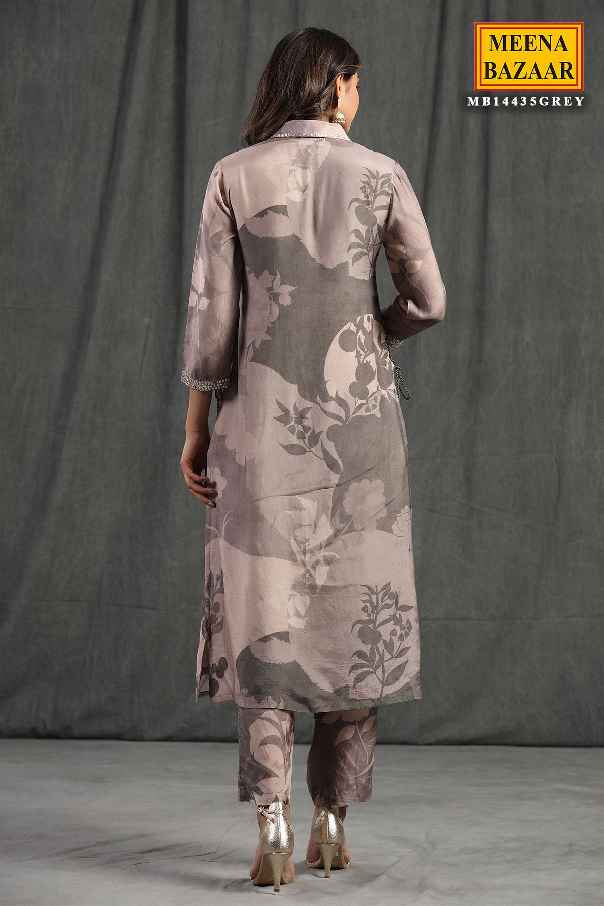 Grey Floral Printed Muslin Zari and Mirror Embroidered Co-Ord