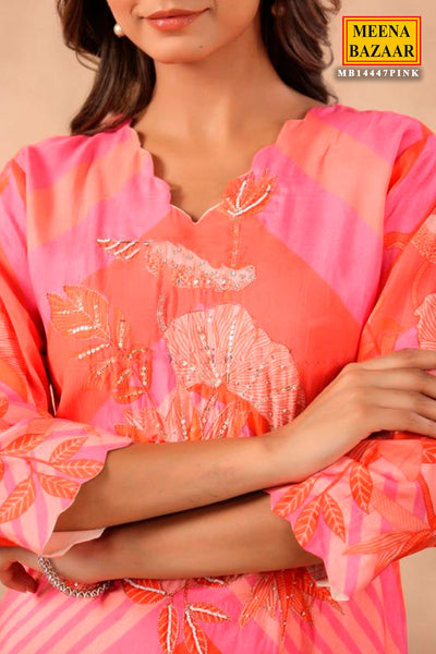 Pink Crepe Floral Sequins and Zari Embroidered Kurti Pant Set