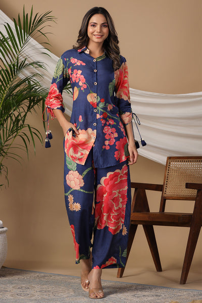 Navy Crepe Floral Printed 2-Piece Co-ord Set