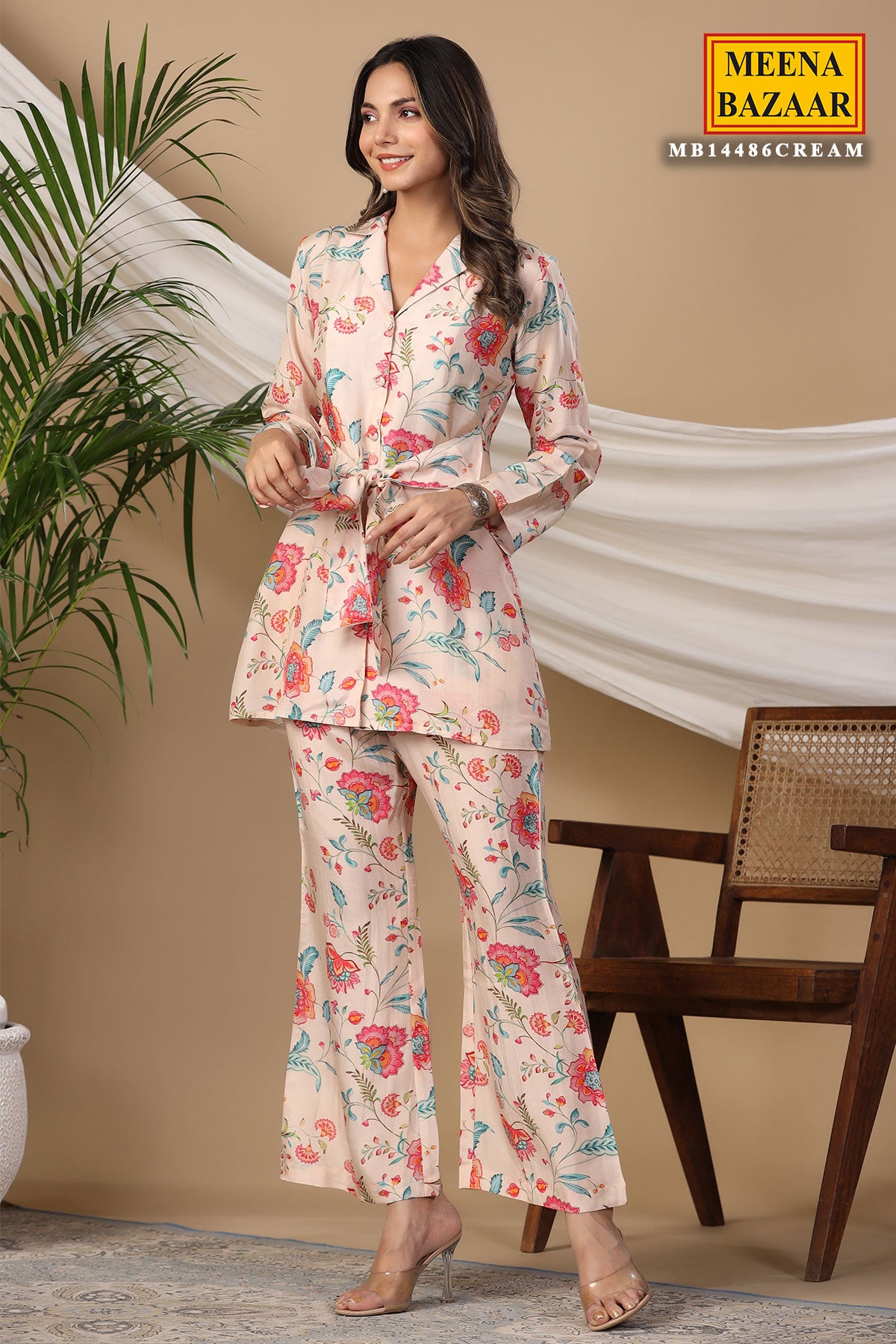 Cream Cotton Floral Printed Co-ord Set with Tie-Up Belt