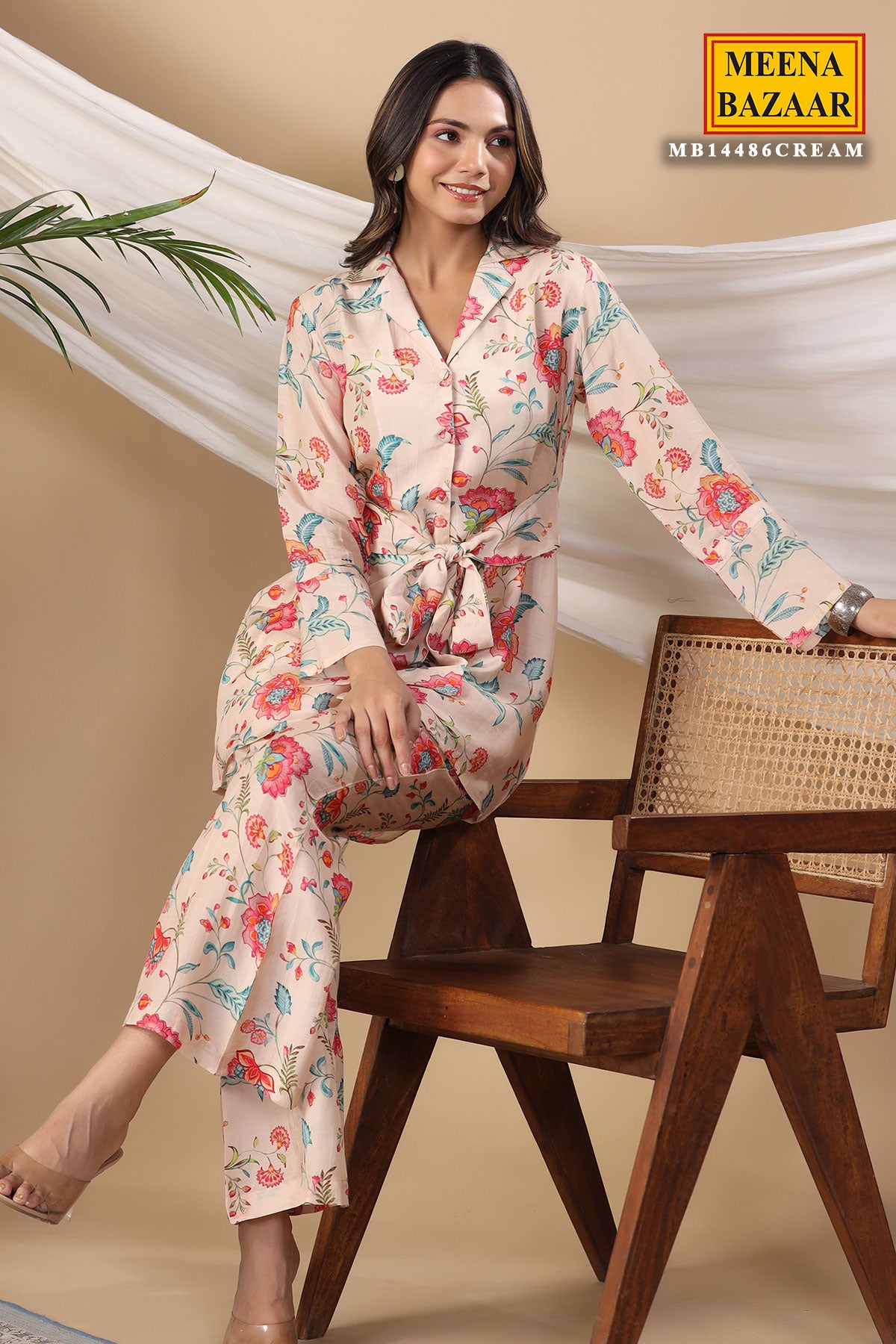 Cream Cotton Floral Printed Co-ord Set with Tie-Up Belt
