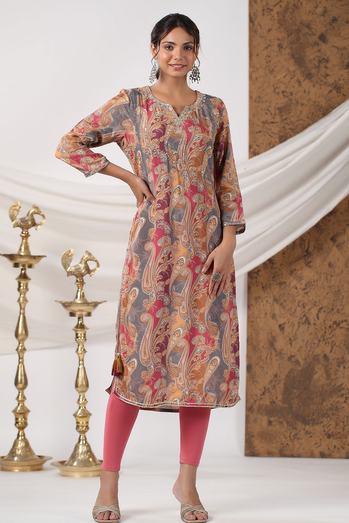 Grey Blended Silk Paisley Printed Neck Embroidered Kurti