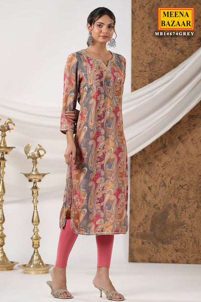 Grey Blended Silk Paisley Printed Neck Embroidered Kurti