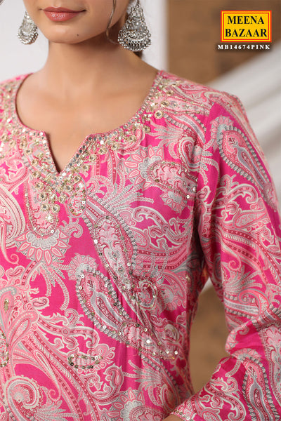 Pink Blended Silk Paisley Printed Neck Embroidered Kurti