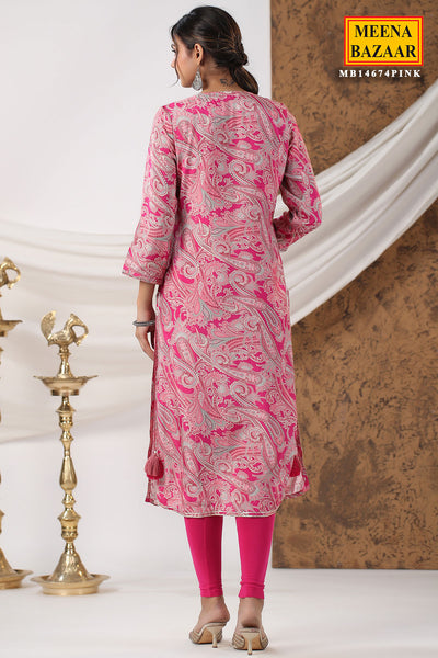 Pink Blended Silk Paisley Printed Neck Embroidered Kurti