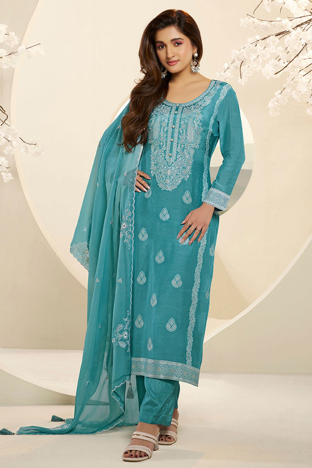 Firozi Zari Muslin Suit Set with Neck Embroidery