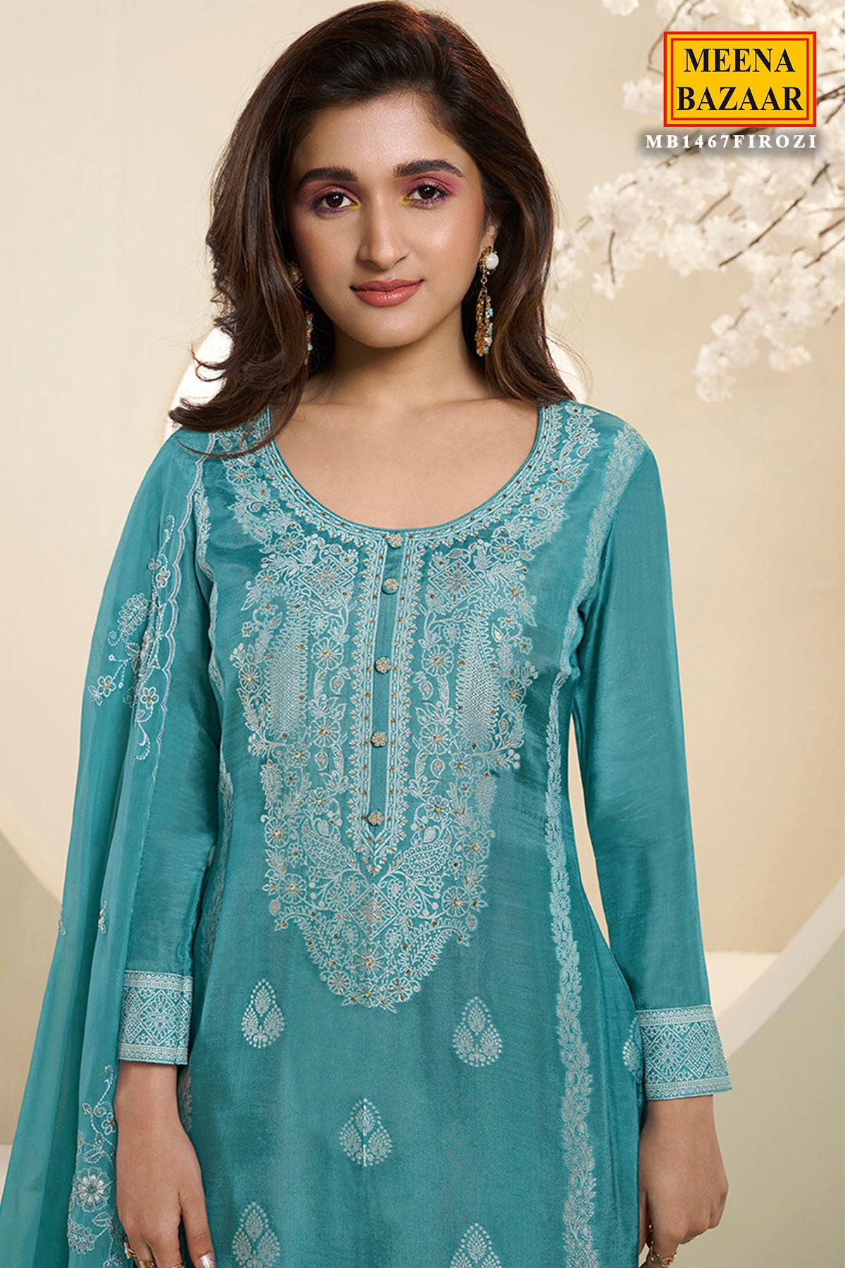 Firozi Zari Muslin Suit Set with Neck Embroidery